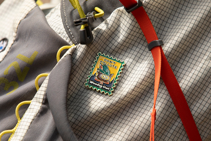 Woodsy Owl enamel pin shaped like a stamp
