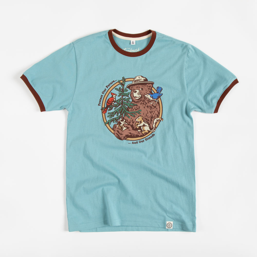 Smokey's Friends Unisex Short Sleeve Ringer Tee Short Sleeve Glacier Blue + Redwood XS