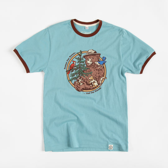 Smokey's Friends Unisex Short Sleeve Ringer Tee Short Sleeve Glacier Blue + Redwood XS